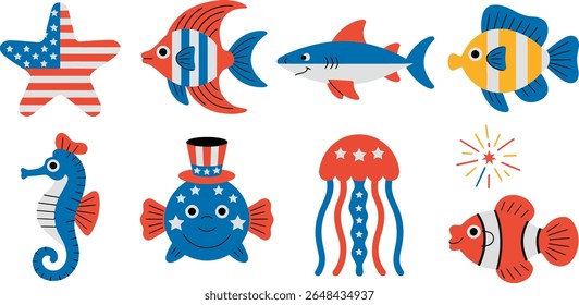 Conjunto de animais patrióticos subaquáticos. Peixe de bandeira americana, águas-vivas, cavalo-marinho, caranguejo, baleia, animais do mar azul-vermelho, estrelas listras, chapéu do Tio Sam. Ocean world festival temático ícone set
