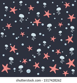 Underwater pattern for banner, give card, wallpaper, birthday card decorated with many jellyfish snd starfish