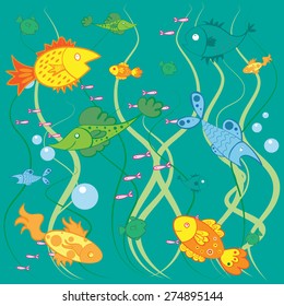Underwater pattern with colorful fish and algae.
