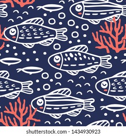 Underwater pattern design. Seamless pattern with fishes. Great for fabric, textile, wrapping paper. Vector Illustration.