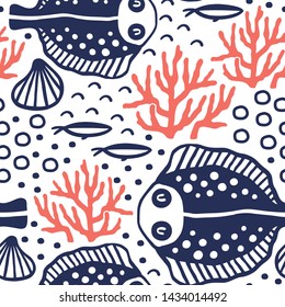 Underwater pattern design. Seamless pattern with flounder fishes. Great for fabric, textile, wrapping paper. Vector Illustration.