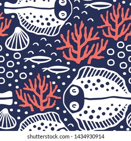 Underwater pattern design. Seamless pattern with flounder fishes. Great for fabric, textile, wrapping paper. Vector Illustration.