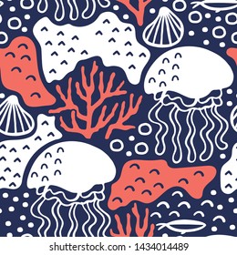 Underwater pattern design. Seamless pattern with medusas. Great for fabric, textile, wrapping paper. Vector Illustration.