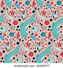 Underwater pattern with dolphin, fishes, seaweed and sea star. Simple vector illustration in limited color. Cartoon cute doodling