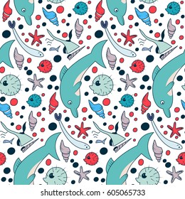 Underwater pattern with dolphin, fishes, seaweed and sea star. Simple vector illustration in limited color. Cartoon cute doodling