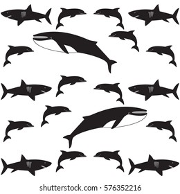 underwater pattern dolphin shark whale black on the white background