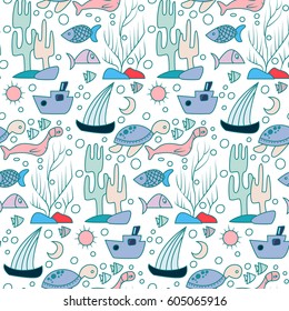 Underwater pattern with dolphin, turtle, fishes, seaweed and boat and ship. Simple vector illustration in limited color. Cartoon cute doodling