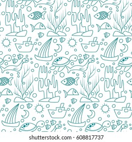 Underwater pattern with dolphin, turtle, fishes, seaweed and boat and ship. Simple vector illustration in limited color. Cartoon cute doodling