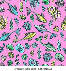 Underwater pattern. Fish ocean background. Sea plants doodle texture. Kids summer pattern for fabric design. Simple sketch backdrop with fishes, jellyfish, seaweed, shell, coral.