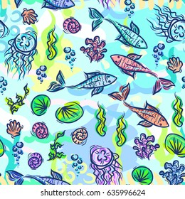 Underwater pattern. Fish ocean background. Sea plants doodle texture. Kids summer pattern for fabric design. Simple sketch backdrop with fishes, jellyfish, seaweed, shell, coral.