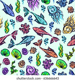 Underwater pattern. Fish ocean background. Sea plants doodle texture. Kids summer pattern for fabric design. Simple sketch backdrop with fishes, jellyfish, seaweed, shell, coral.