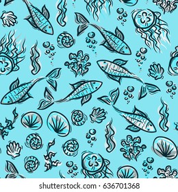 Underwater pattern. Fish ocean background. Sea plants doodle texture. Kids summer pattern for fabric design. Underwater fishes. Simple sketch backdrop with fishes, jellyfish, seaweed, shell, coral.