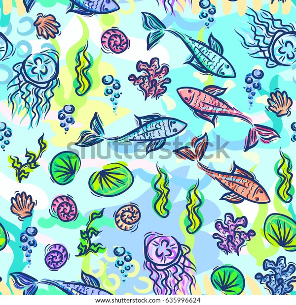 Underwater pattern. Fish ocean background. Sea plants doodle texture ...