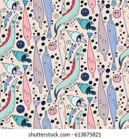 Underwater pattern with fishes, lobster and seaweeds. Simple vector illustration in limited color. Cartoon cute doodling