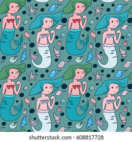 Underwater pattern with fishes, mermaid and seaweeds. Simple vector illustration in limited color. Cartoon cute doodling
