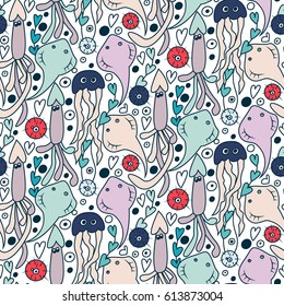 Underwater pattern with fishes, ramp fish and jellyfish. Simple vector illustration in limited color. Cartoon cute doodling