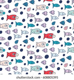 Underwater pattern with fishes. Simple vector illustration in limited color. Cartoon cute doodling