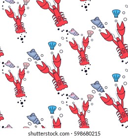 Underwater pattern with  lobster, seashells. Simple vector illustration in limited color. Cartoon cute doodling