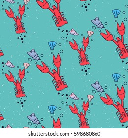 Underwater pattern with  lobster, seashells. Simple vector illustration in limited color. Cartoon cute doodling on dark background