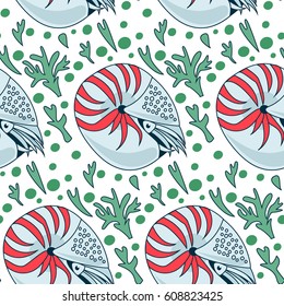 Underwater pattern with nautilus and seaweeds. Simple vector illustration in limited color. Cartoon cute doodle