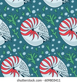 Underwater pattern with nautilus and seaweeds. Simple vector illustration in limited color. Cartoon cute doodle