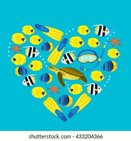 Underwater pattern on blue background. Coral reef colorful fish and diving equipment. Heart composition. Vector illustration
