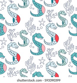 Underwater pattern with seahorse Simple vector illustration in limited color. Cartoon cute doodling on the blue background