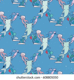 Underwater pattern with shark, fishes, jellyfish and seaweeds. Simple vector illustration in limited color. Cartoon cute doodling