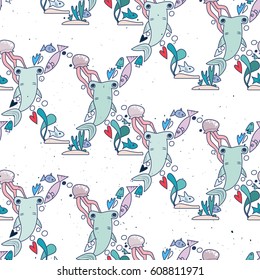 Underwater pattern with shark, fishes, jellyfish and seaweeds. Simple vector illustration in limited color. Cartoon cute doodling