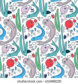 Underwater pattern with shark, fishes and seaweeds. Simple vector illustration in limited color. Cartoon cute doodling