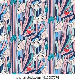 Underwater pattern with topical clown fishes in reef. Simple vector illustration in limited color. Cartoon cute doodling