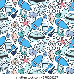Underwater pattern with  turtle, flip-flops, toys, seaweed. Simple vector illustration in limited color. Cartoon cute doodling