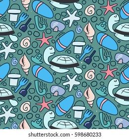 Underwater pattern with  turtle, flip-flops, toys, seaweed. Simple vector illustration in limited color. Cartoon cute doodling on dark background