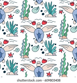 Underwater pattern with turtle and seaweeds. Simple vector illustration in limited color. Cartoon cute doodling