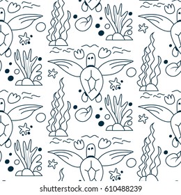 Underwater pattern with turtle and seaweeds. Simple vector illustration in limited color. Cartoon cute doodling