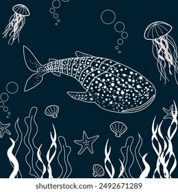 An underwater pattern of a whale shark, jellyfish, starfish, seaweed, and bubbles on a dark blue background. Perfect for ocean-themed fabric, wallpaper, stationery, gift wrapping, and home decor.