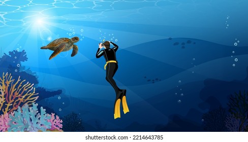 Underwater photographer diver in swimsuit. Diving with a wild turtle near coral reef. Seascape banner with free diver holding camera. Sun rays on background under deep blue water. Vector illustration