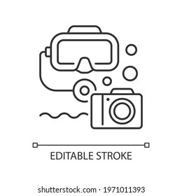 Underwater photography linear icon. Process of taking photographs while under water. Thin line customizable illustration. Contour symbol. Vector isolated outline drawing. Editable stroke