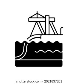 Underwater pipeline installation black linear icon. Laying pipe on seabed. Submarine pipeline construction. Buried infrastructure. Outline symbol on white space. Vector isolated illustration