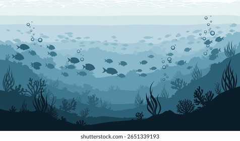 Cena de arte de píxeis submarinos com uma escola de peixes nadando por recifes de corais e bolhas