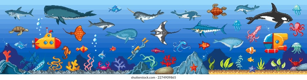 Superficie de juego de píxeles subacuáticos. Animales y peces marinos, algas y submarinos. Vector 8 bits de videojuegos de mar ubicación en el océano con tiburón, tortuga, garganta, caballito de mar, orcas, cangrejo, pulpo y delfín