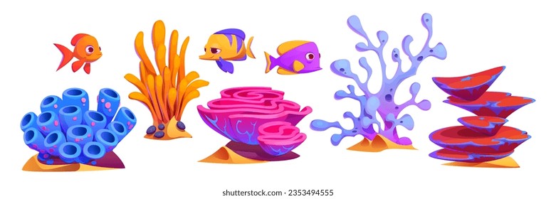 Plantas submarinas y animales: algas y algas de colores vivos, corales y arrecifes, peces. Dibujo vectorial de dibujos animados conjunto de acuarios o criaturas marinas y oceánicas. Elementos de vida marina tropical.