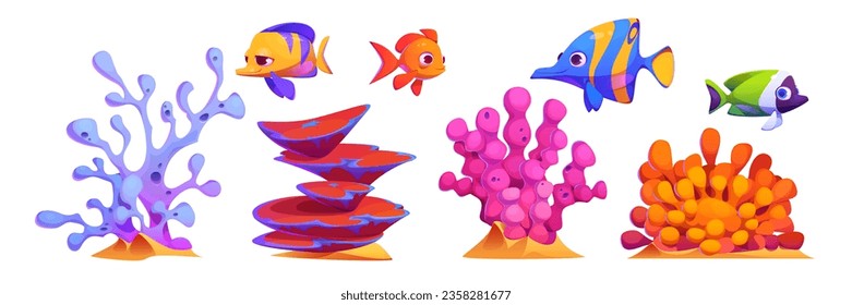 Underwater plants and animals - seaweed, coral reef and fish cartoon vector illustration set. Bright colorful marine or aquarium creatires. Sea and ocean bottom tropical aquatic bright habitat.