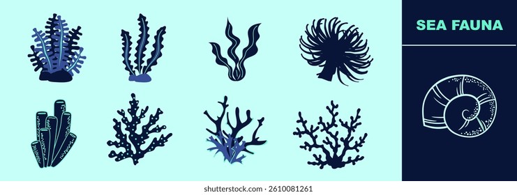 Underwater plants collection with various types like anemone, kelps, corals. Editable icon elements, size and color.
