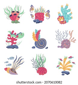 Underwater plants compositions. Cartoon kids sea elements, aquarium seaweeds and shells, corals with fishes, anemones and seahorses, creative colorful decoration, vector cartoon isolated set