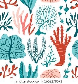 Underwater plants, corals, algae seamless pattern. Aquatic sea weeds, sponges, tropical coral reef elements. Doodle marine creatures, sea flora. Ocean wildlife. Flat hand drawn vector texture