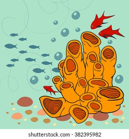 Underwater plants and fish, vector illustration