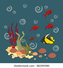 Underwater plants and fish, vector illustration