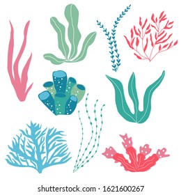 Underwater plants,  seaplants and corals, set for fabric, textile, wallpaper, nursery decor, prints, childish background. Vector