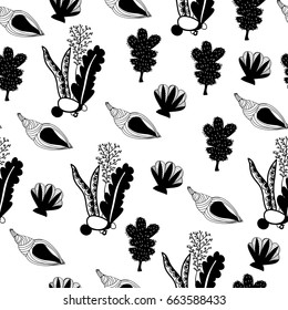 Underwater plants and seashells. Black vector seamless pattern